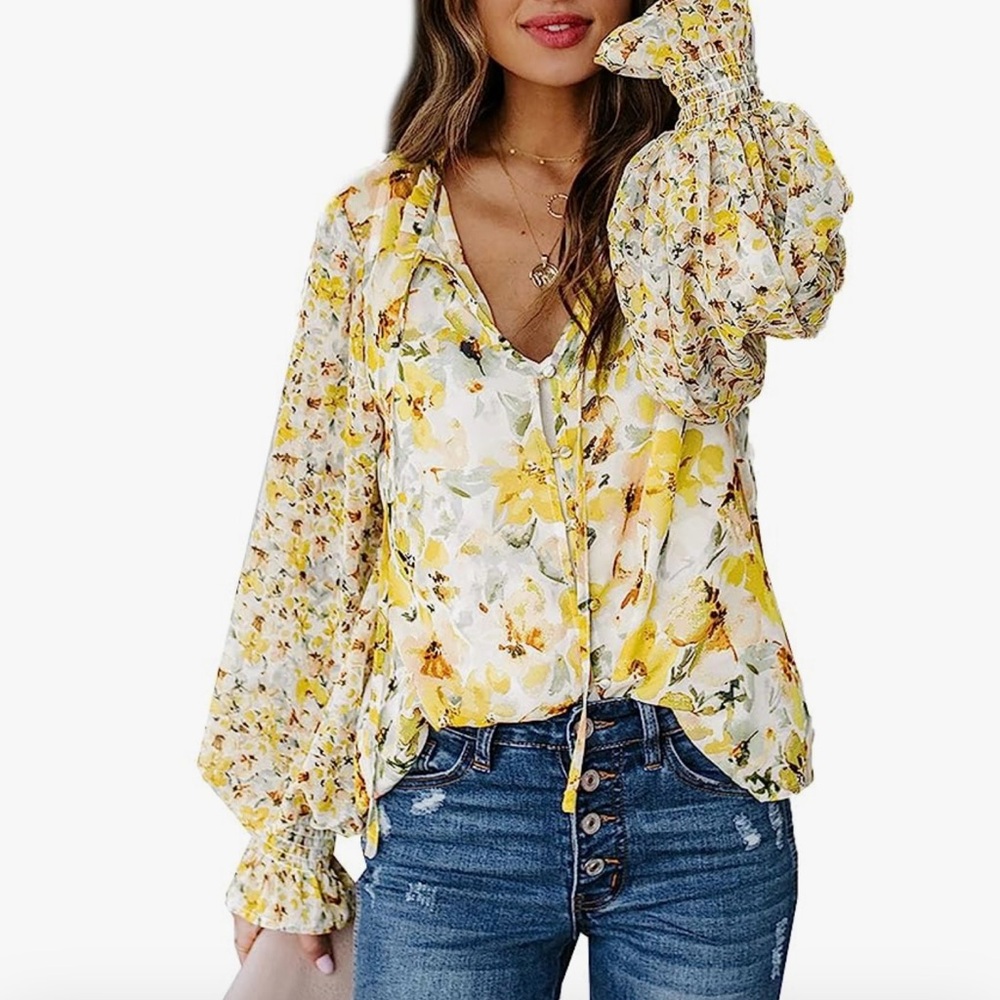 Shewin Casual boho floral print long sleeve shirt